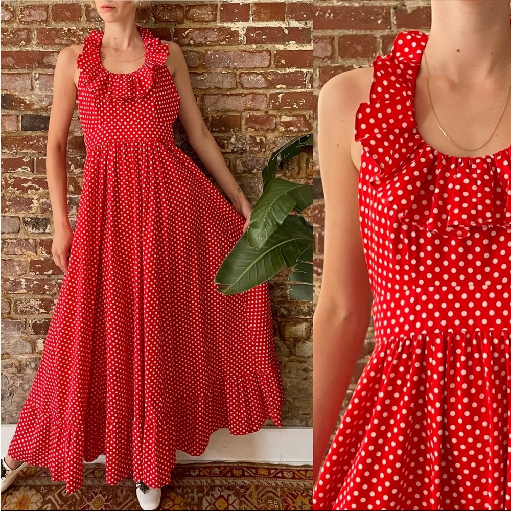 Vintage 1970s Red & White Polka Dot Halter Maxi Dress Climax David Howard XS/S